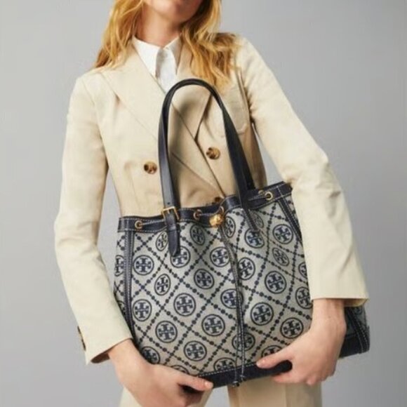 NEW! Tory Burch Jacquard Drawstring Tote -Large Navy NWT & dustbag - Picture 1 of 14